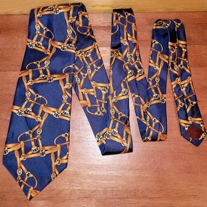 Equestrian Leather Bridles on French Lancel Paris Tie Navy & Tan 100% Silk EUC